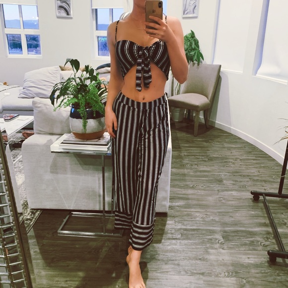 Pants - Staci Striped Crop Top and Pants Set In Black